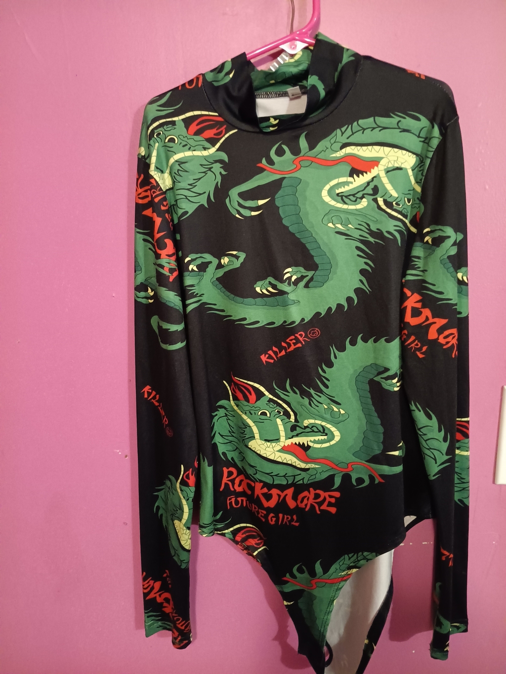 Rockmore Black & Green Dragon Long-Sleeve Reptile-Themed Bodysuit